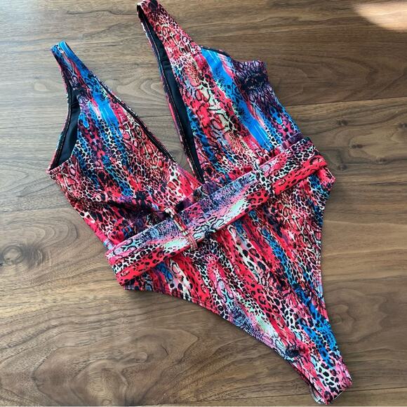 MatteSwim Deep V Plunge Belted Colorful 1pc Swimsuit - Picture 2 of 5